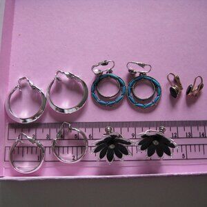 Lot of 5 Vintage Screw Back Clip On Earrings Faux Silver Torquoise Hoops